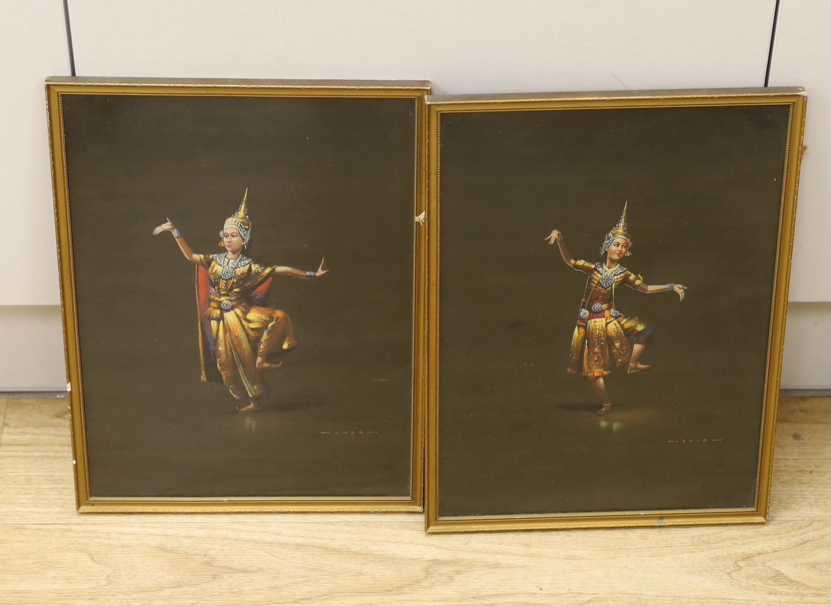 A pair of Thai/Balinese School gouaches of females dancing, signed, 35 x 25cm
